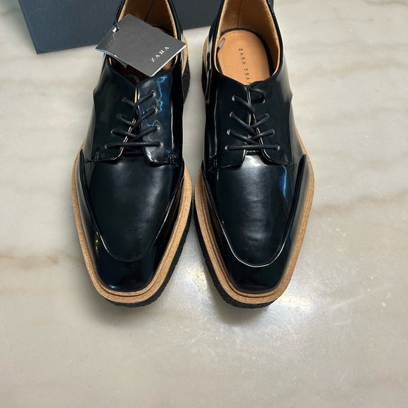 Zara Trafaluc Creeper Platform Oxford Shoe Women size 6 1/2 Black Patent Lace Up - Picture 7 of 11